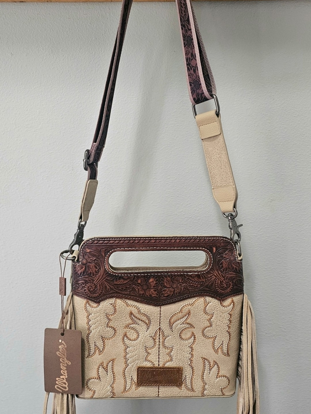 Wrangler Beige Tooled Leather Crossbody Bag